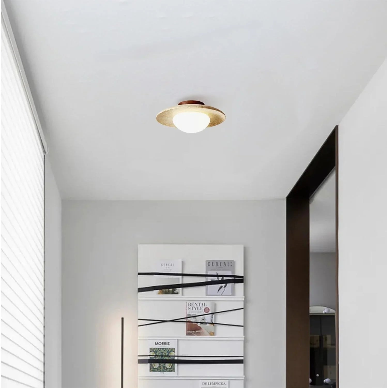 Sculptural Flush Mount Ceiling Light with Frosted Glass Globe | Natural Travertine for Elegant Home Illumination