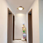 Sculptural Flush Mount Ceiling Light with Frosted Glass Globe | Natural Travertine for Elegant Home Illumination
