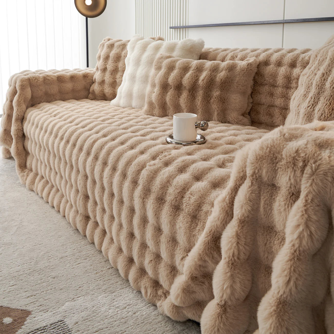 Luxe Ripple Faux Fur Sofa Cover for Soft Modern Elegance