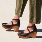 Teresa Collection | Black Wedge Heels for Women with Adjustable Ankle Strap | Elegant Closed Toe Design for All-Day Comfort