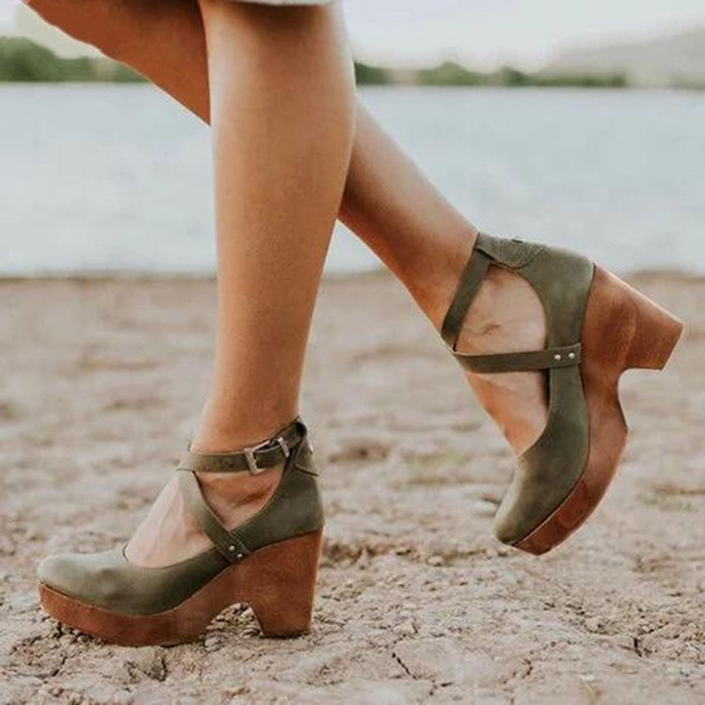 Teresa Collection | Black Wedge Heels for Women with Adjustable Ankle Strap | Elegant Closed Toe Design for All-Day Comfort