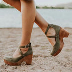 Teresa Collection | Black Wedge Heels for Women with Adjustable Ankle Strap | Elegant Closed Toe Design for All-Day Comfort