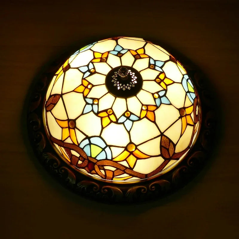 Turkish Art Deco Flush Mount Ceiling Light with Stained Glass Sunflower Design | Elegant Ambience for Living Spaces