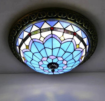 Turkish Art Deco Flush Mount Ceiling Light with Stained Glass Sunflower Design | Elegant Ambience for Living Spaces