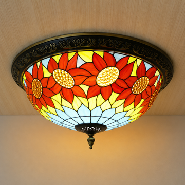 Turkish Art Deco Flush Mount Ceiling Light with Stained Glass Sunflower Design | Elegant Ambience for Living Spaces