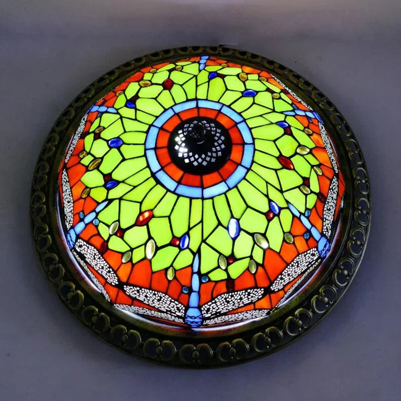 Turkish Art Deco Flush Mount Ceiling Light with Stained Glass Sunflower Design | Elegant Ambience for Living Spaces