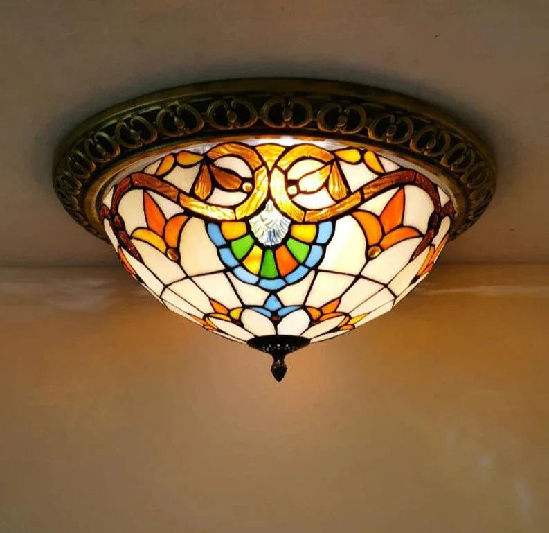 Turkish Art Deco Flush Mount Ceiling Light with Stained Glass Sunflower Design | Elegant Ambience for Living Spaces
