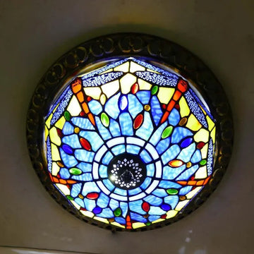 Turkish Art Deco Flush Mount Ceiling Light with Stained Glass Sunflower Design | Elegant Ambience for Living Spaces