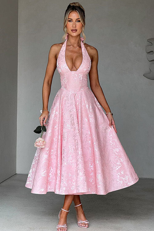 V-Neck Halterneck Maxi Dress | Textured Jacquard Fabric for Effortless Summer Elegance