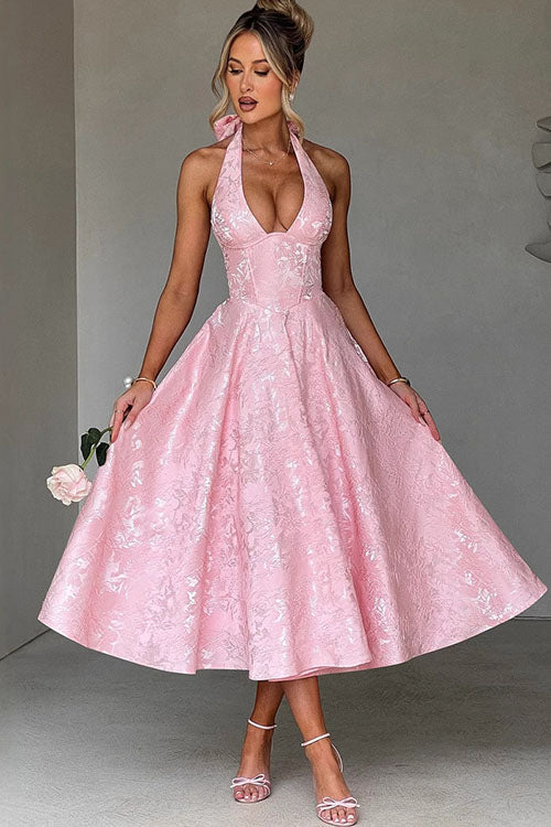 V-Neck Halterneck Maxi Dress | Textured Jacquard Fabric for Effortless Summer Elegance