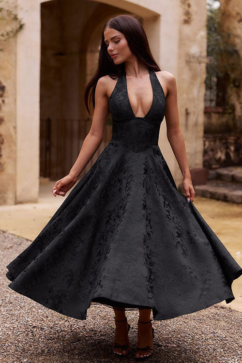 V-Neck Halterneck Maxi Dress | Textured Jacquard Fabric for Effortless Summer Elegance