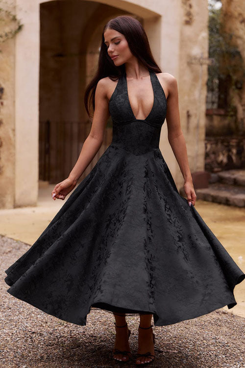 V-Neck Halterneck Maxi Dress | Textured Jacquard Fabric for Effortless Summer Elegance
