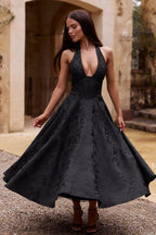 V-Neck Halterneck Maxi Dress | Textured Jacquard Fabric for Effortless Summer Elegance