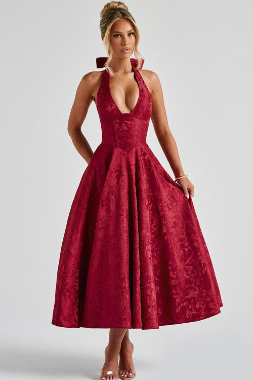 V-Neck Halterneck Maxi Dress | Textured Jacquard Fabric for Effortless Summer Elegance