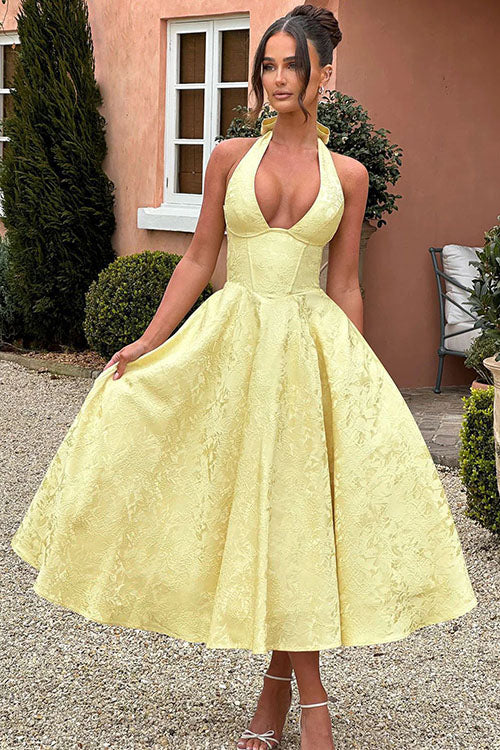 V-Neck Halterneck Maxi Dress | Textured Jacquard Fabric for Effortless Summer Elegance