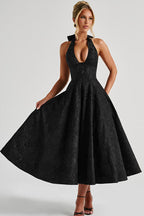 V-Neck Halterneck Maxi Dress | Textured Jacquard Fabric for Effortless Summer Elegance