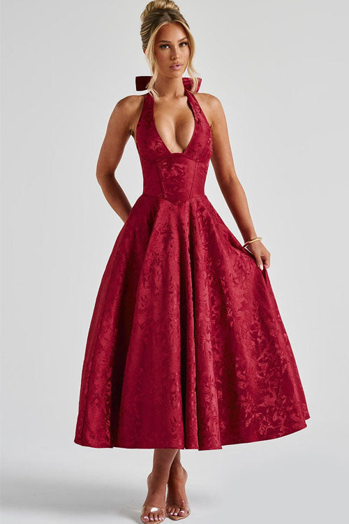 V-Neck Halterneck Maxi Dress | Textured Jacquard Fabric for Effortless Summer Elegance