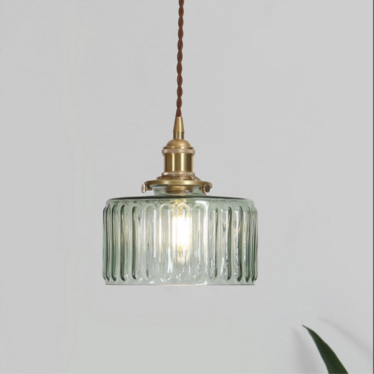 Brass Glass Pendant Light, Vintage Dimmable LED, Clear Green, Living Room