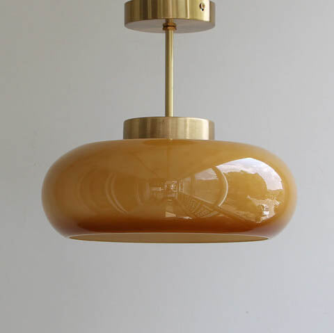 Brass Semi Flush Mount Ceiling Light, Yellow Glass Shade, Vintage Warm, Bedroom