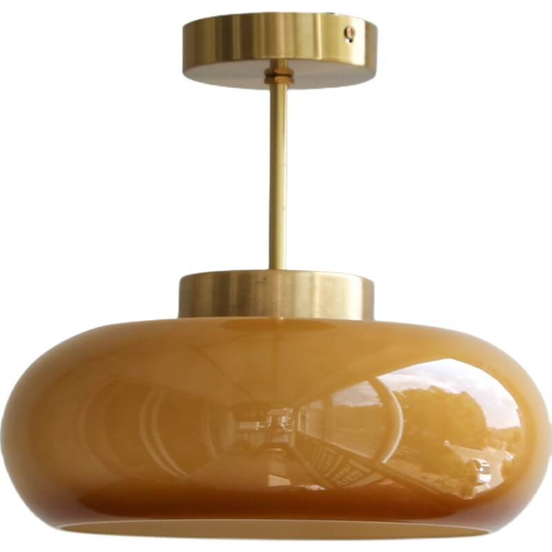 Brass Semi Flush Mount Ceiling Light, Yellow Glass Shade, Vintage Warm, Bedroom