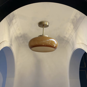 Vintage Charm | Brass Semi-Flush Mount Ceiling Light with Yellow Glass Shade | Elegant Home Lighting for Warm Ambiance