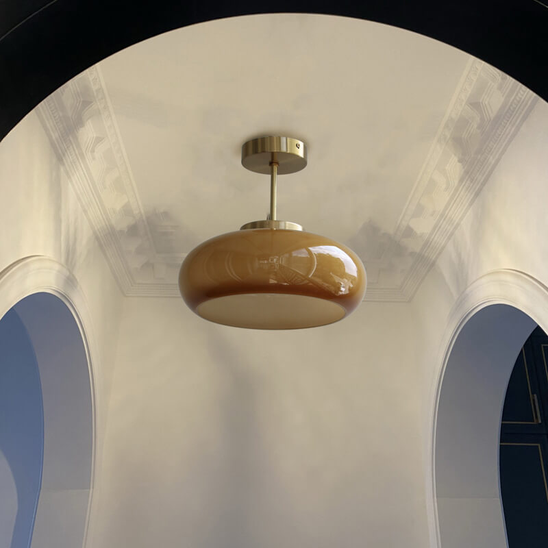 Brass Semi Flush Mount Ceiling Light, Yellow Glass Shade, Vintage Warm, Bedroom