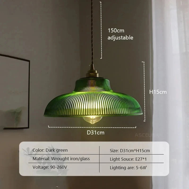 Vintage Green Glass Pendant Light with Dimmable Warm Glow | Elegant Hanging Fixture for Cozy Spaces