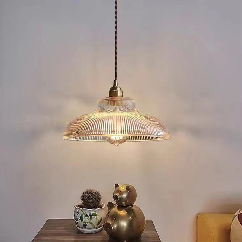 Green Glass Pendant Light, Vintage Dimmable LED, Amber Clear, Dining Room