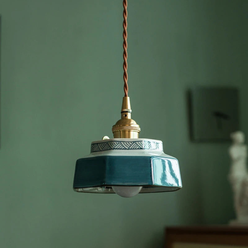 Porcelain Pendant Light, Hand-Painted, Copper Finish, Adjustable, Kitchen