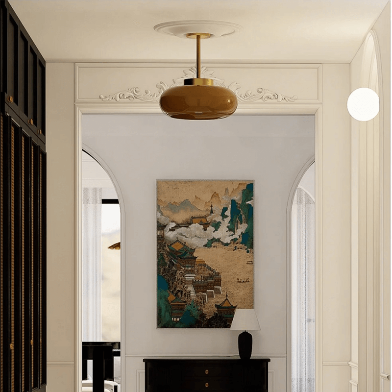 Vintage Semi-Flush Ceiling Light with Adjustable Height & Amber Dome Shade for Cozy Ambiance