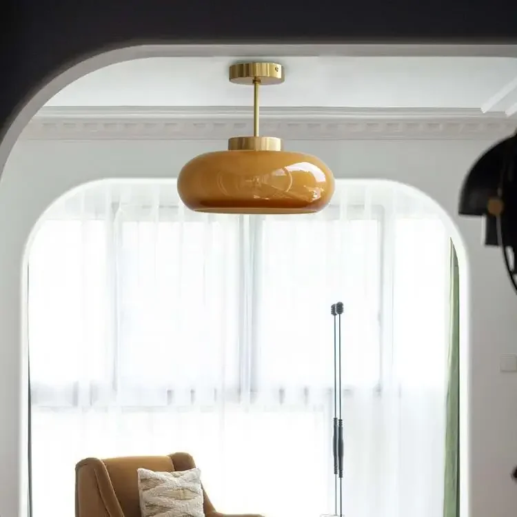 Vintage Semi-Flush Ceiling Light with Adjustable Height & Amber Dome Shade for Cozy Ambiance