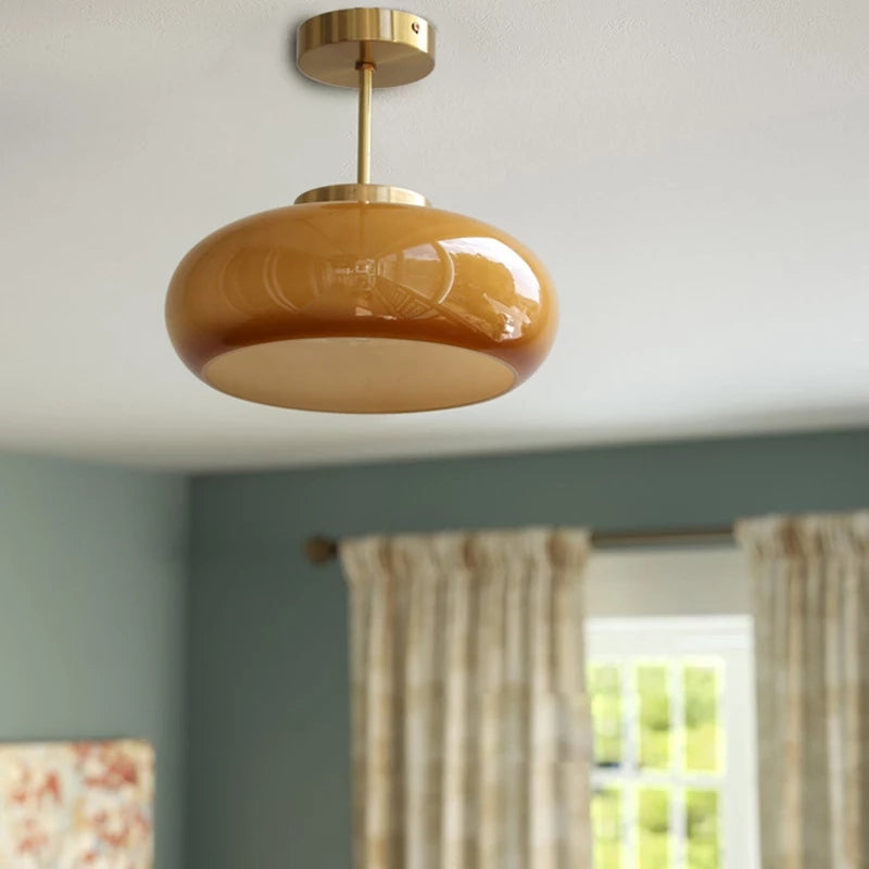 Vintage Semi-Flush Ceiling Light with Adjustable Height & Amber Dome Shade for Cozy Ambiance