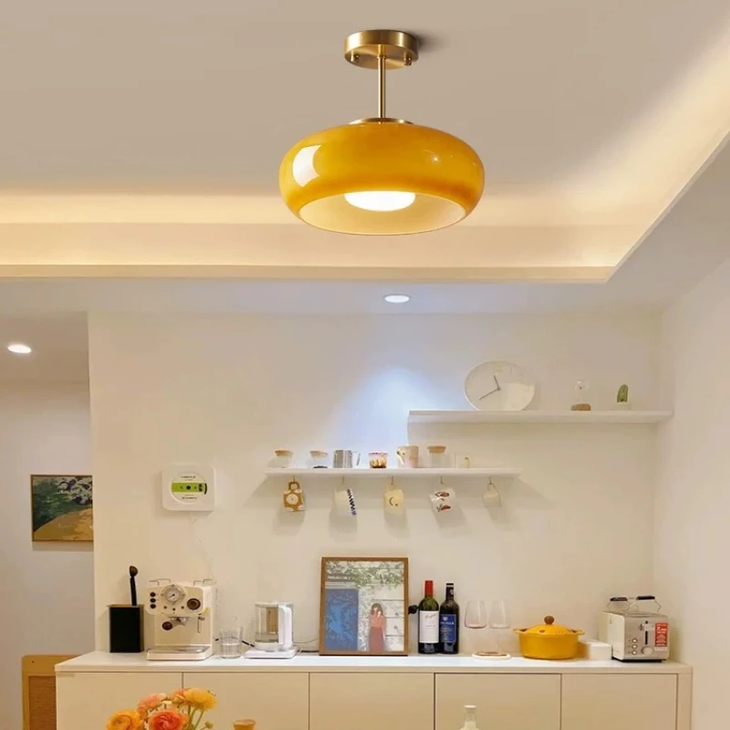 Vintage Semi-Flush Ceiling Light with Amber Dome Shade | Adjustable Height for Cozy Ambiance