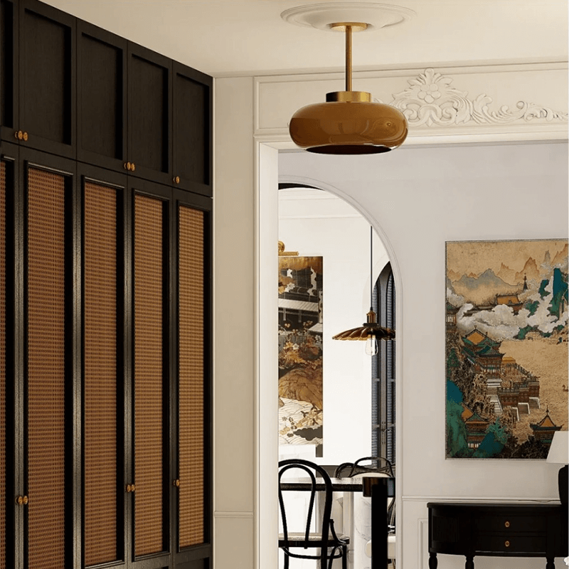 Vintage Semi-Flush Ceiling Light with Amber Dome Shade | Adjustable Height for Cozy Ambiance