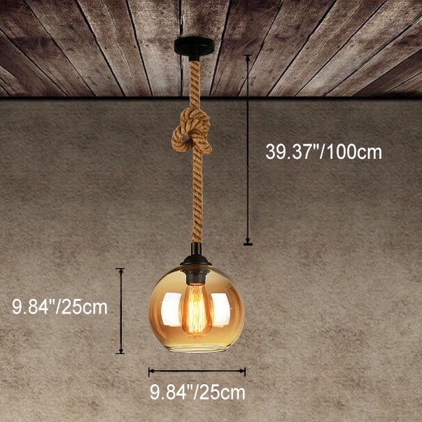 Glass Globe Pendant Light, Hemp Rope, Vintage Amber Clear, Rustic Kitchen