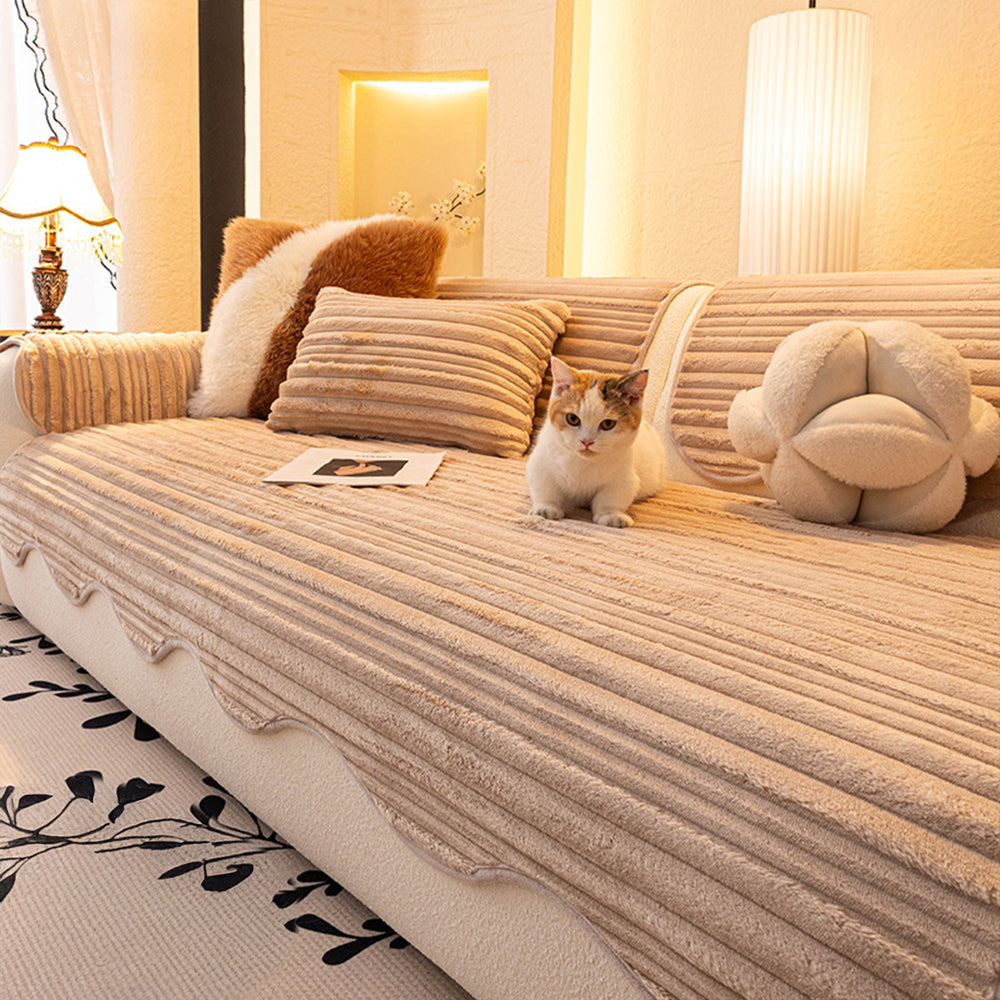 Creamy Ribbed Plush Non Slip Couch Cover for Winter Comfort