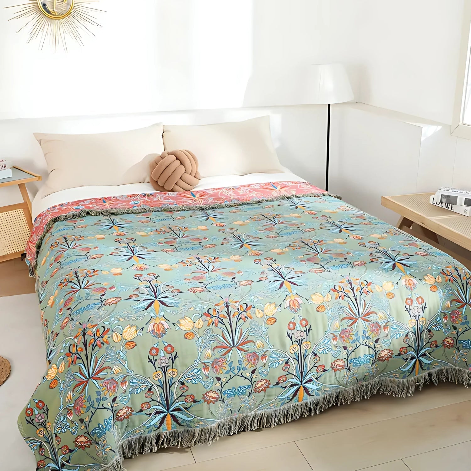 Reversible Cotton Floral Throw Blanket for Bed or Sofa