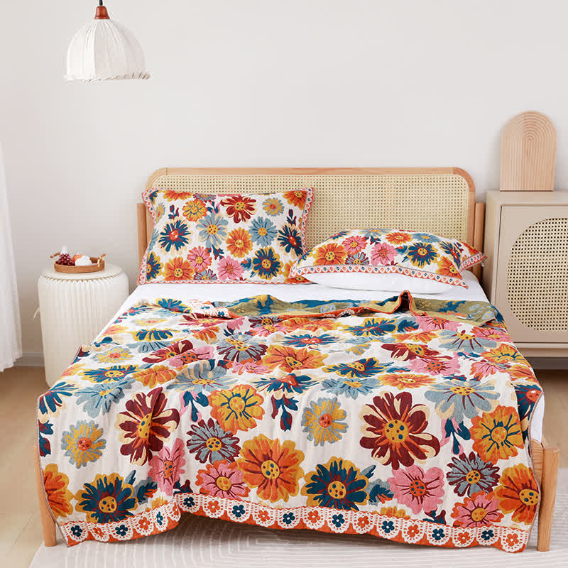 Colorful Floral Cotton Quilt with Reversible Woven Finish
