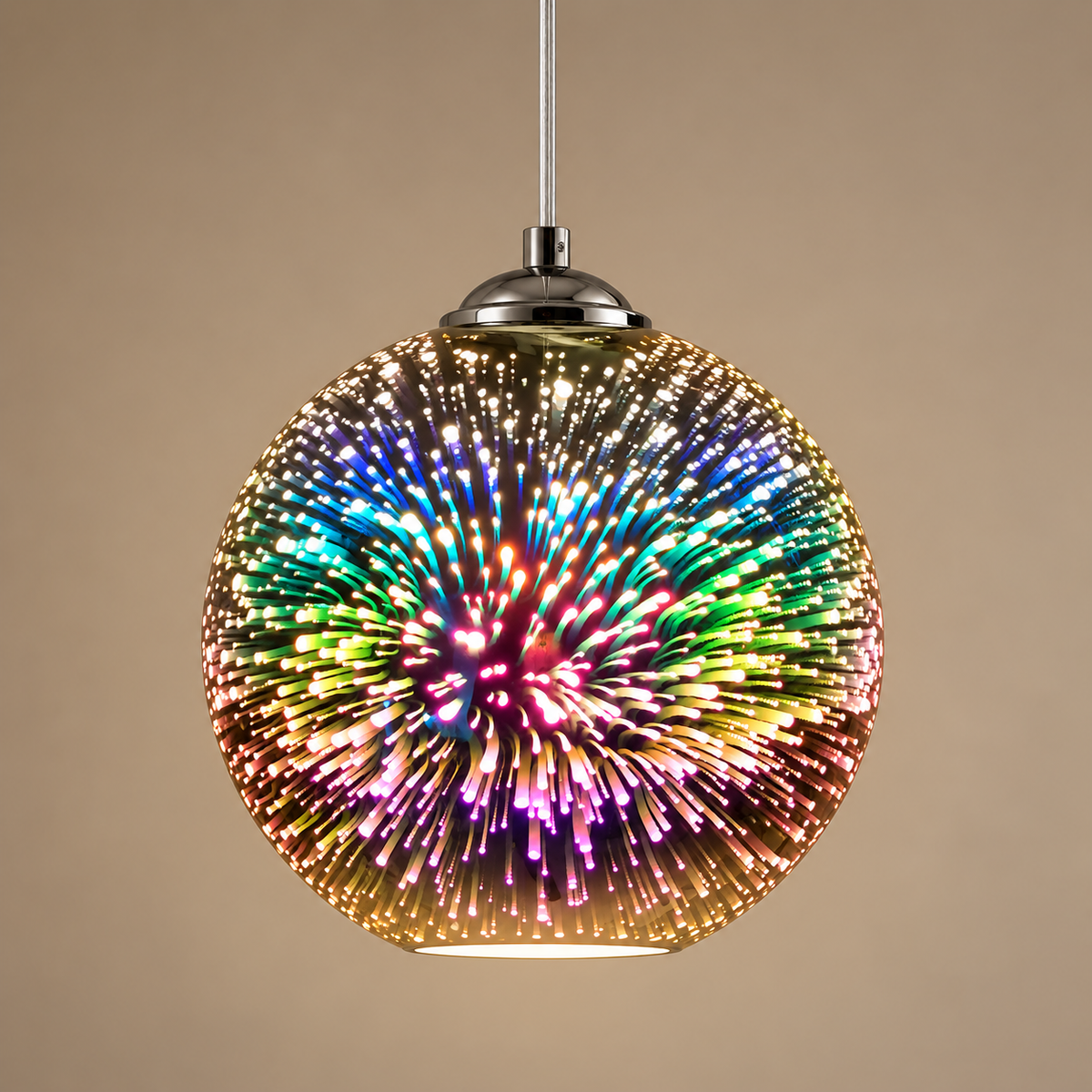 Lit 3D fireworks glass globe pendant light, multicolor starburst