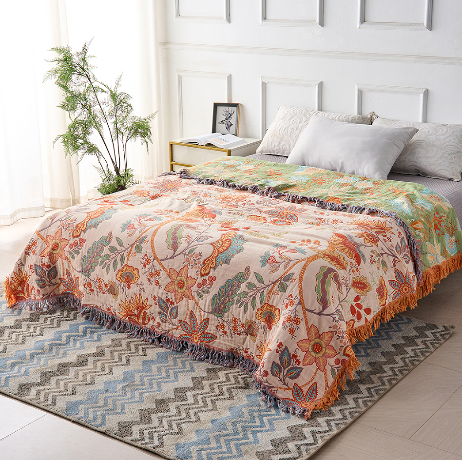 Cotton Floral Throw Blanket for Sofa Bed or Living Space
