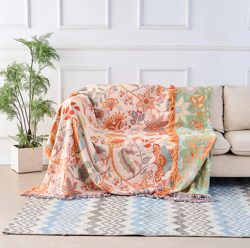 Cotton Floral Throw Blanket for Sofa Bed or Living Space