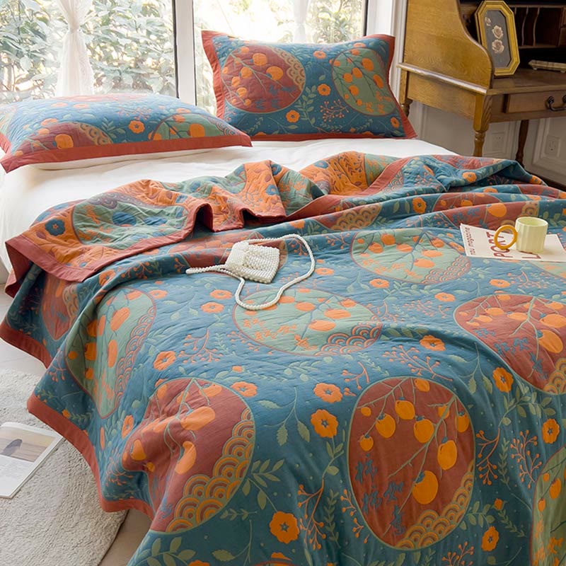 Reversible Persimmon Flower Cotton Quilt for Bed and Sofa Use