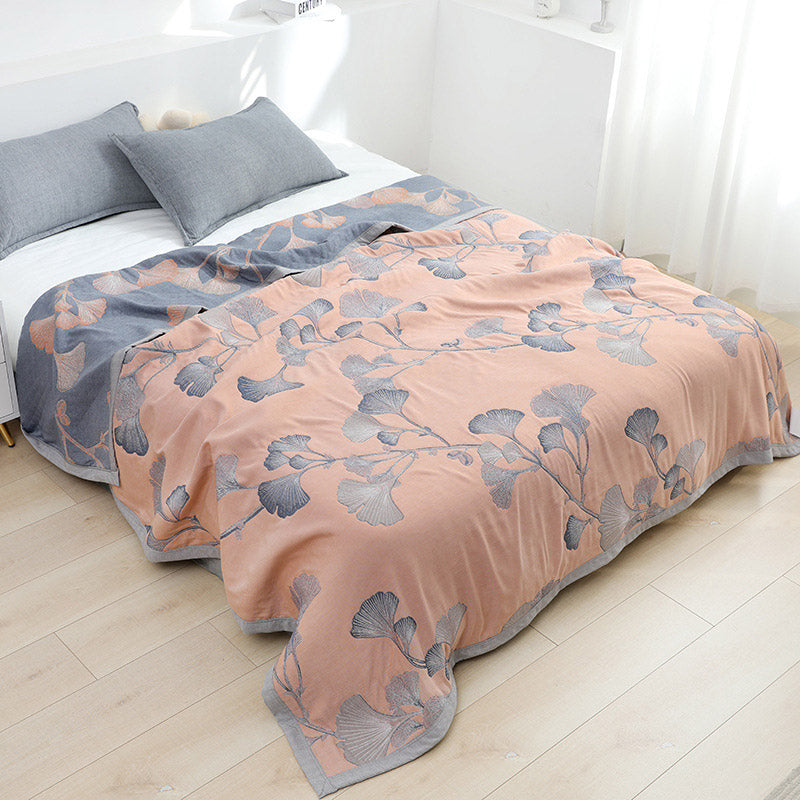 Reversible Ginkgo Leaf Cotton Gauze Quilt for Bed and Sofa Use