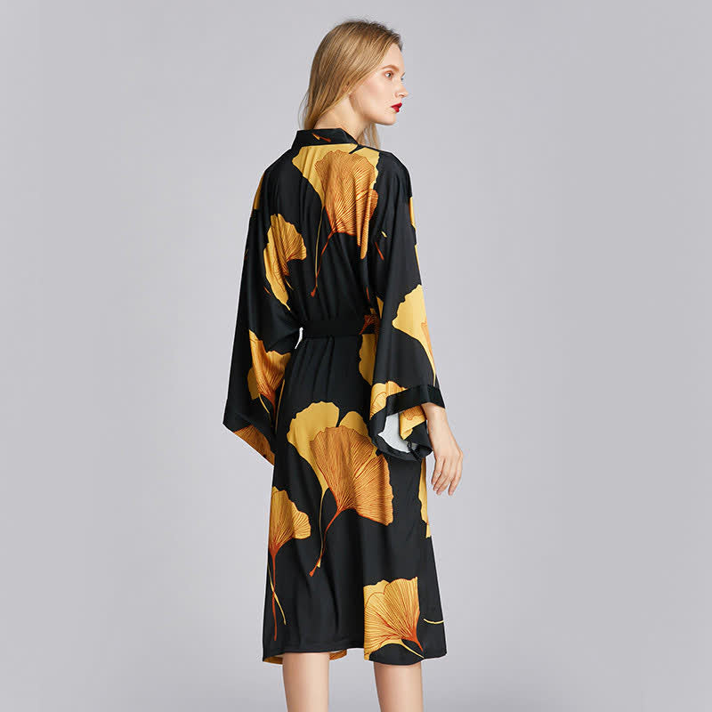 Lightweight V Neck Robe with Ginkgo Pattern for Lounge Wear