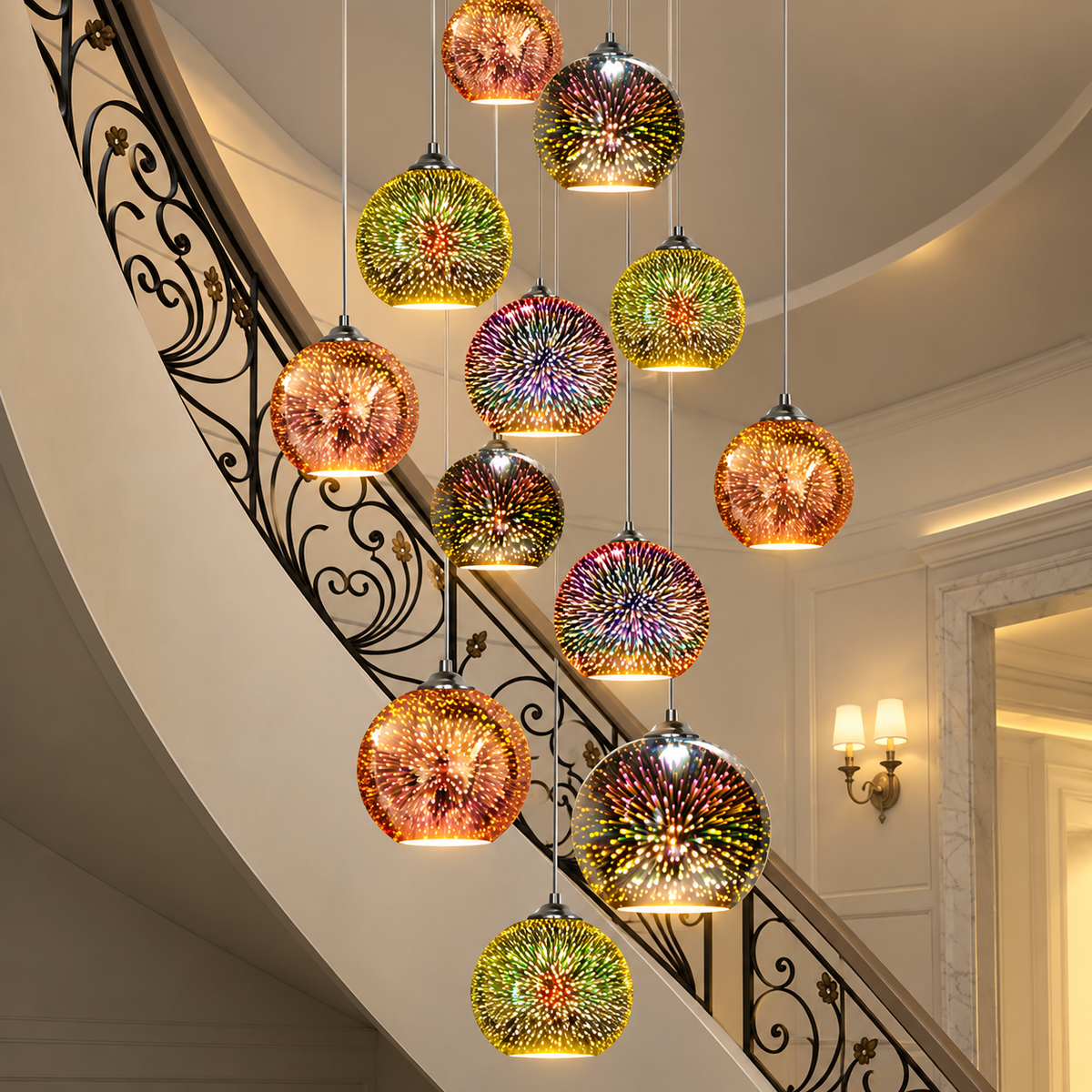 Cascade of 3D fireworks pendant lights in a staircase