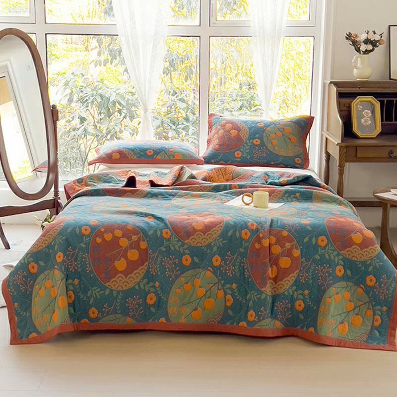 Reversible Persimmon Flower Cotton Quilt for Bed and Sofa Use
