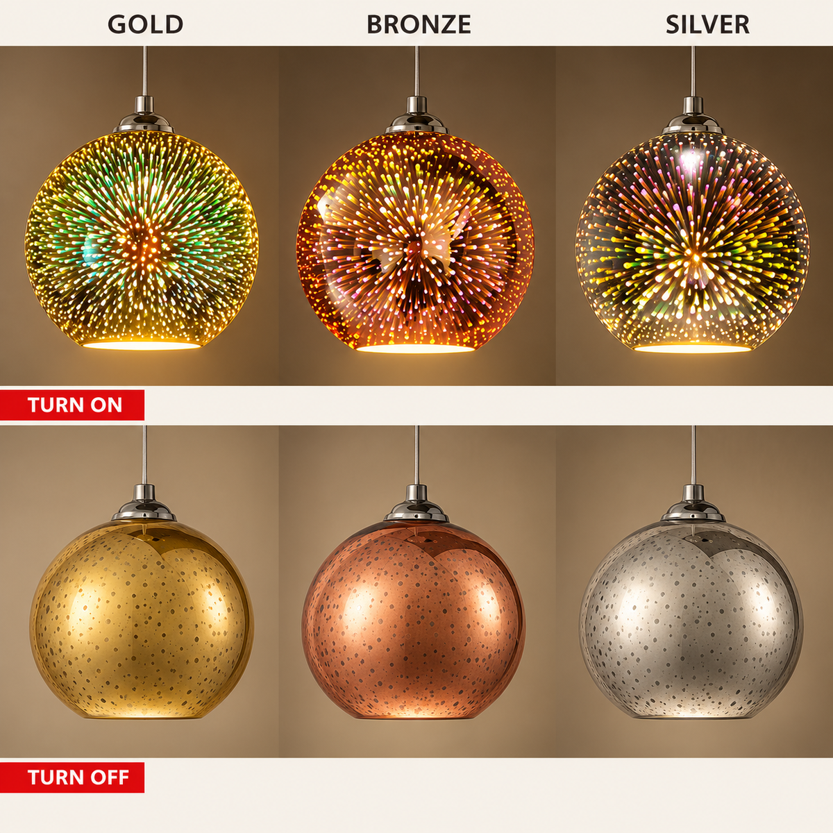 3D fireworks pendant light colors: gold, bronze, silver, turned on and off