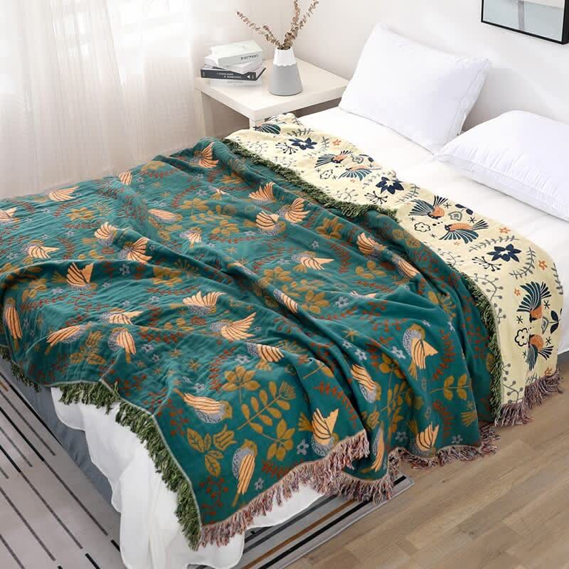 Boho Floral Bird Cotton Quilt for Bed and Sofa Styling