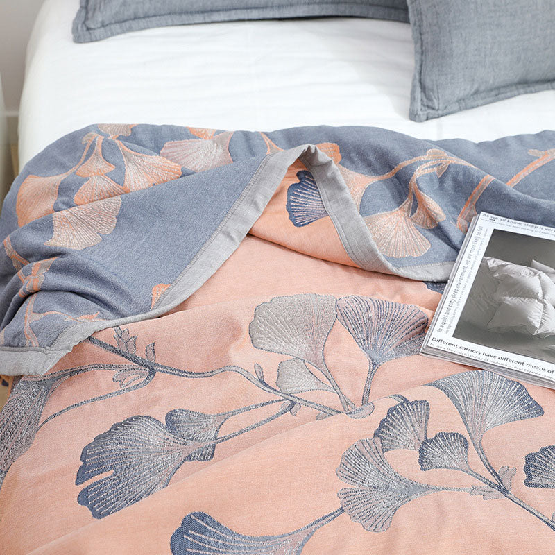 Reversible Ginkgo Leaf Cotton Gauze Quilt for Bed and Sofa Use