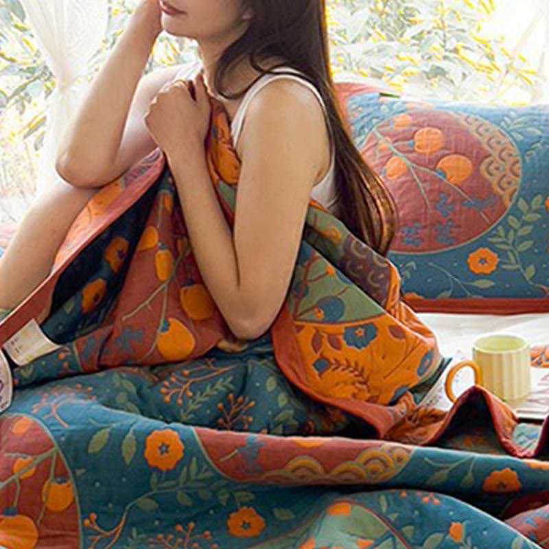 Reversible Persimmon Flower Cotton Quilt for Bed and Sofa Use